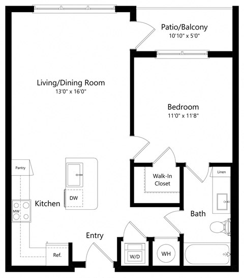 Floor plan for 1 bed, 1 bath, 723 sqft